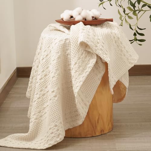 Image of PHF 100% Cotton Waffle Throw Blanket for Couch, Lightweight Breathable and Soft for Summer, Luxury Aesthetic Waffle Weave Blanket for Home Decor & Office, Gifts for Women, 50 inchx60 inch, Natural