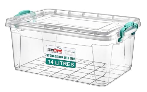 Best House | 14L | Plastic Storage Box with Lids | Size (L:49.2cm W:32.4cm H:13.6cm) | Set of 1 | Flat Shape |Stackable Clear Multipurpose Home Office Kitchen Tools Crafts Bits N Pcs -14 Litres