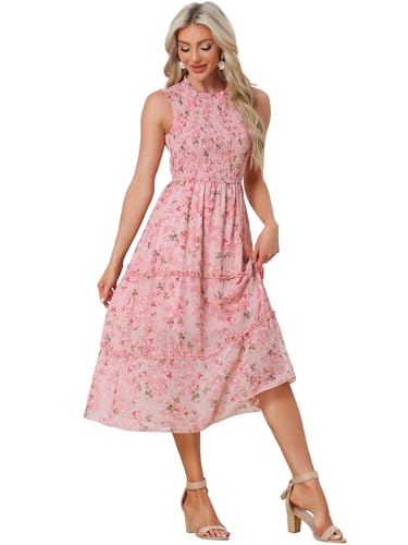 Robe à volants sans manches Allegra K, motif floral rose et fluidité en mousseline taille L