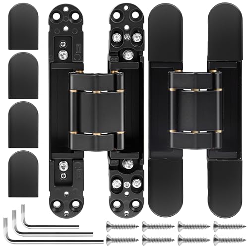 XMZ-DDUP 2Kits 7 inch Stainless Steel Hidden Door Hinges -Invisible Hinges for Doors, 180 Degree Swing Concealed Door Hinges, 3 Way Adjustable for Heavy Duty (‎Black)