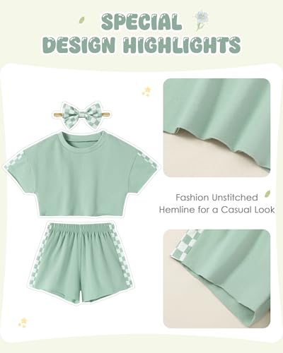 Image of SANMIO Toddler Girl Clothes Summer 3 Piece Outfits Cute | Short Sleeves Checkered Tops Shorts and Headband Girls Clothing Set