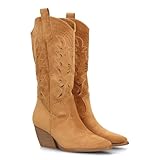 100385 Bota Alta de Mujer Estilo Cowboy con Diseno Troquelado Decorativo, Punta Fina y Tacon campero Diseno Western, Entretiempo Ideal para Uso Diario Primavera Verano Camel Talla 41