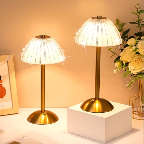 Image of Liliful 2 Pcs Cordless Table Lamp LED Touch,Gold,Mushroom Style | 3 Color Dimmable Touch, USB-C Battery Operated, Portable for Bedroom Nightstand Living Room Dining Desk Ambient Light