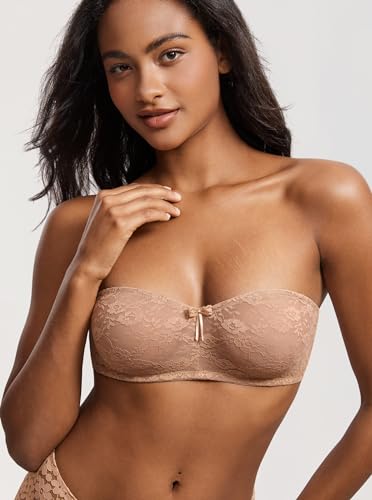 Image of DOBREVA Women's Strapless Lace Bras Unlined See-Through | Underwire, Floral Lace, Sexy, Sheer, Soft, Bow, Multiway, Comfort