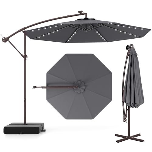 TANGZON 3m Cantilever Garden Parasol Heavy Duty Offset Patio Umbrella with 40 LED Lights Sand Bag & Solar Panel Batteries Outdoor Square Hanging Sun Shade Roma Umbrella (Dark Gray)