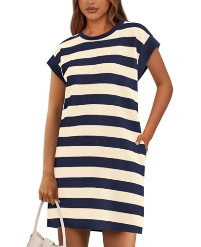 Image of BTFBM Casual Dresses for Women 2026 Summer Striped Tshirt Short Dress Loose Cap Sleeve Beach Vacation Clothes Pockets