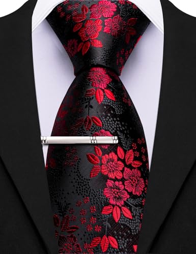Image of Barry.Wang Floral Ties for Men Flower Necktie with Tie Clip Formal