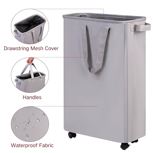 efluky Slim Laundry Hamper with Wheels, Rolling Laundry Basket for Clothes, Small Laundry Basket for Bedroom, Dorm and Laundry Room, 60L (12.7 Gallons) Grey