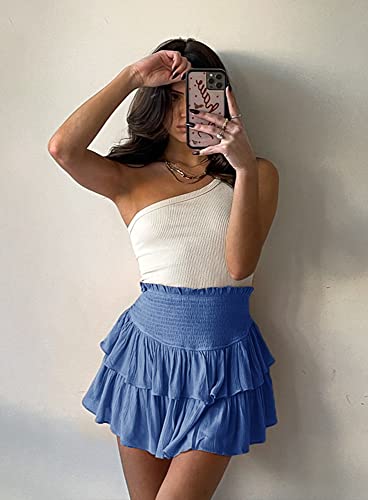 Beaully Women's Layered Ruffles Smocked High Waist Short Mini Skirt Summer Casual Short Skirt 6067 Blue X-Large #TOP1