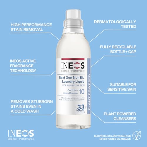 INEOS Non Bio Laundry Washing Liquid Detergent for Sensitive Skin, 198 Washes (6 x 1L) Stain Removal for Clothes, Plant Powered, Stress Relieving Fragrance, Vegan, Cruelty Free, Cotton + Linen Breeze - Image 3