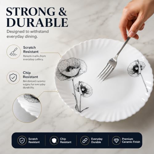 Image of CELLO Wild Poppy Dazzle Series Opalware Dinner Set of 40 Pieces for Family of 6 | Bone-Ash Free & Leadfree Opal Glass, Microwave & Dishwasher Safe Plates & Bowls Crockery Set for Dining & Gifting