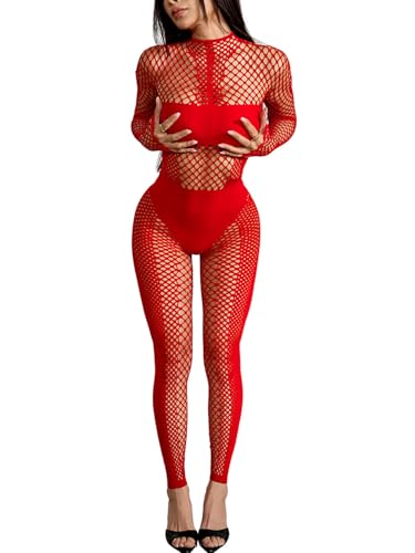 Dewinya Sexy Fishnet Jumpsuit for Women Long Sleeve See Through Mesh Bodysuit Clubwear One Piece Stretchy Outfit Red OS