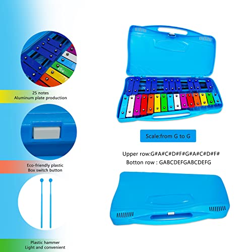 Image of Xylophone 25 Notes Xylophone Glockenspiel for Kids Metal Percussion Instrument with Case Two Safe Mallets, Perfectly Tuned Music Teaching, Gifts(Blue)