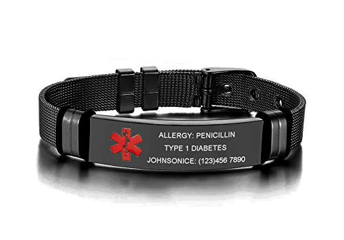 Mealguet Custom Engraving-Black Stainless Steel Mesh Wristband Adjustable Medical Alert Id Bracelets For Men Dad Buckle Adjustable #TOP19