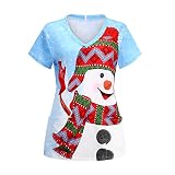 thuthu Weihnachten Kasacks Damen Pflege Bunt Motiv Kurzarm V-Ausschnitt Schlupfhemd T-Shirt Mit 2 Tasche Kittel Damen Berufskleidung Krankenschwester Kasack Damen Laborkittel Schlupfkasack