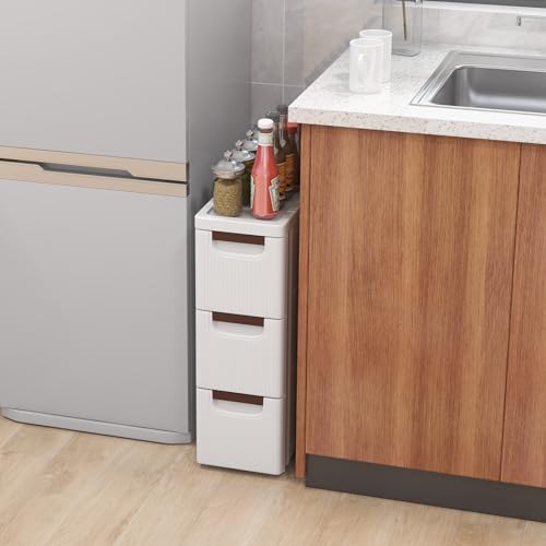 KOMFOTTEU Armario Estrecho con 4 Cajones, Carrito con Ruedas Ahorra Espacio, Estantería Lateral de PP, Mueble de Almacenamiento para Baño, Cocina (3 Cajones, 1 Pieza) - imagen 7