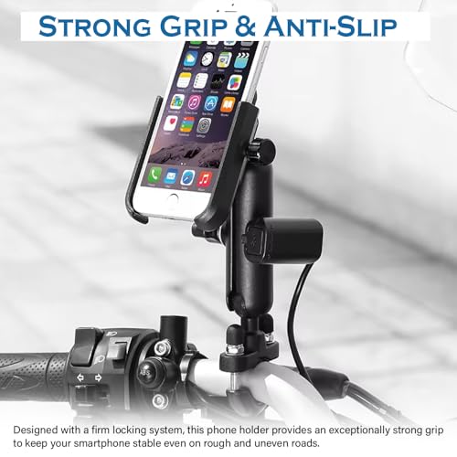 Image of Motorcycle Phone Mount, 360-Degree Rotation, Anti-Vibration Shockproof Mobile Holder with Ball Joint, Universal Bike Handlebar Mount, Black