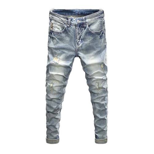 Men's Fashion Retro Washed Stretch Slim Fit Printed Ripped Jeans Vintage Denim Pants