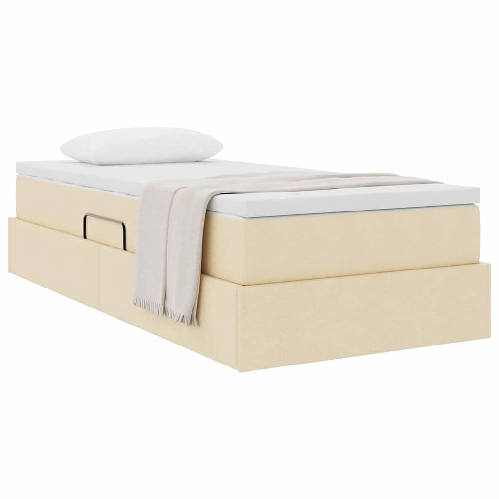 Letto portaoggetti con materasso crema, 90 x 200 cm, in poliestere, telaio in metallo, letto singolo con vano portaoggetti e meccanismo di sollevamento idraulico, moderno letto imbottito per