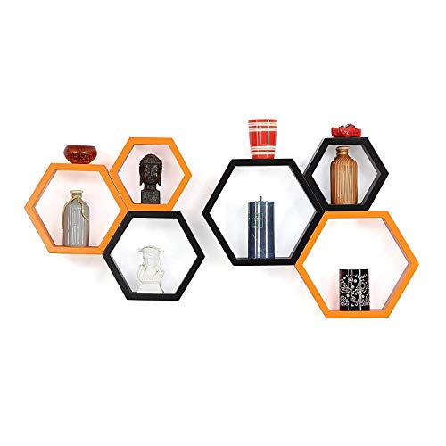 Image of BAS Vampire Brown Art Shoppee Decorative Display with Hexagon Shape Set of 6 Floating Wall Shelves and Racks for Living Room (Black & Orange)