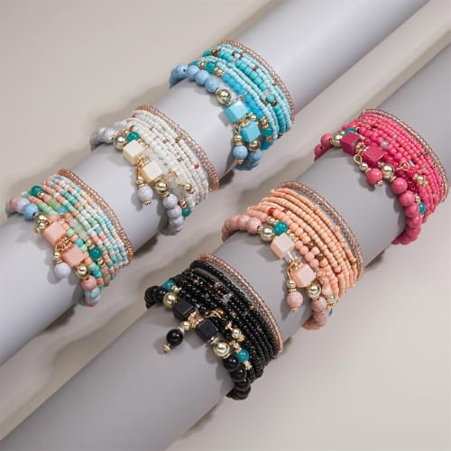 8Pcs Bohemian Stackable Beaded Bracelets Set for Women,Handmade Layered Strand Bead Bracelets, Boho Crystal Elastic Stretch Bracelets for Women3