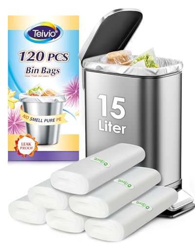 Teivio 15 Liter 120 Counts Strong Pedal Bin Liners, fit 12-15 Litre Small Rubbish Bags, Bathroom Waste Bin Liners, Plastic Trash Can Bags for home office kitchen, Clear