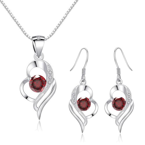 Kamise Schmuck Set Damen, Herz Silber Hängeohrringe & Silberkette Set für Damen, 925 Sterling Silber Ohrhänger Ohrringe und Halskette mit Rot Zirkonia, Hypoallergen Silberschmuck...