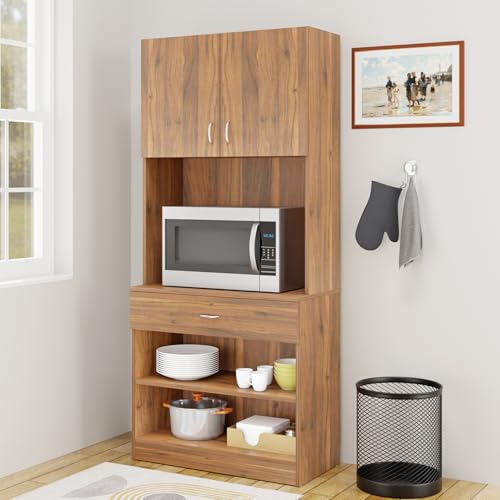 Image of VIKI Furniture | Kitchen Cabinet - Drawer with Doors & Open Shelves, Organizer for Kitchen, Bedroom, Hallway & Living Room (Brussel Walnut - 40D x 80W x 180H cm) | 1 Year Warranty