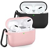 Wepro Funda Compatible con AirPods Pro 2019, Protector Completo Funda de Silicona Airpods 3 Case [Front LED Visible] Soporte de Carga inalámbrica con mosquetón, Negro/Rosado