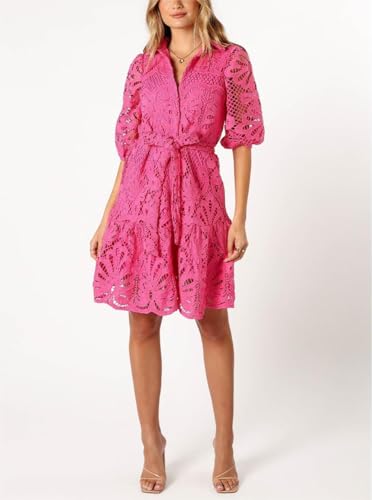 Image of Women's Summer Hollow Out Lace Mini Dress Lantern Sleeve Lapel Button Ruffle Casual Beach Party Dresses