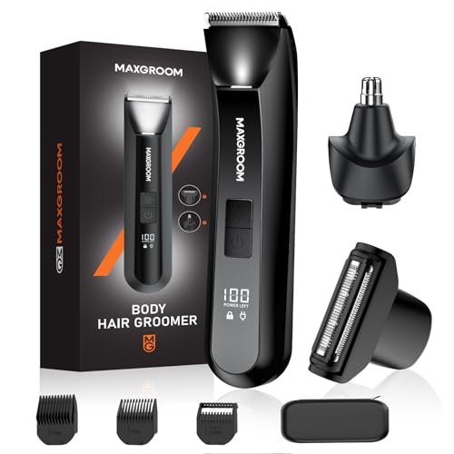 MAXGROOM Afeitadora Corporal Masculina 3 en 1, Depiladora Recargable con Luz LED Precisa, 100% Impermeable, Ideal para Barba, Axilas, Pecho, Piernas y Zonas Íntimas, Incluye Cortapelos Nasal, Negro