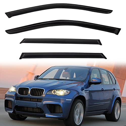 PLDDE 4pcs Out-Channel Smoke Tint Rain Guard compatible with 2007-2013 BMW X5 E70 Tape-On Vent Deflector Window Visors Car Accessories