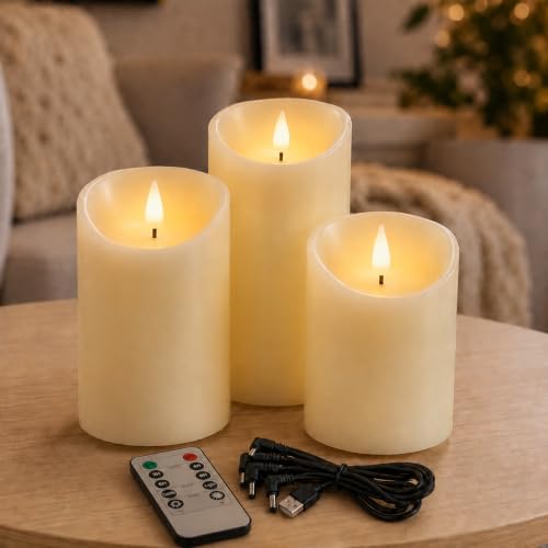 Lezonic Rechargeable Flickering Flameless Candles Battery Operated with Remote and Timer Pack of 3(D 3 X H 456) Long Lasting Ivory White Real Wax LED USB Pillar Candles