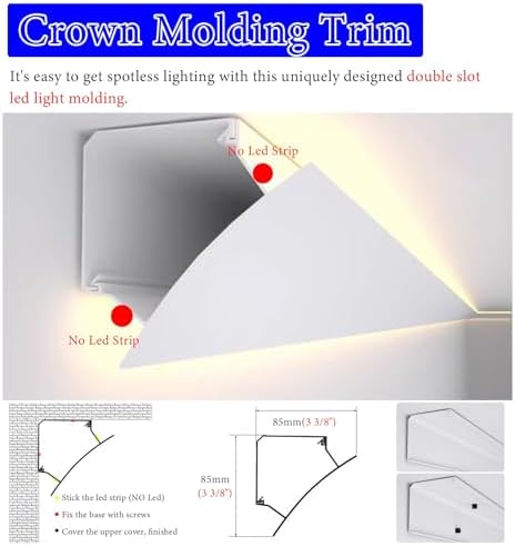 Crown Moulding LED Strip Light Channel & Diffuser, 8ft Ceiling Trim Molding for Indirect Lighting, Wall & Ceiling Edge Cornice, Perfect for Living Room Decor