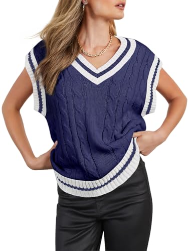 Womens V Neck Oversized Sweaters Vest Sleeveless Cable Knit Pullover Striped Chunky Sweater Casual Tennis Colorblock Top