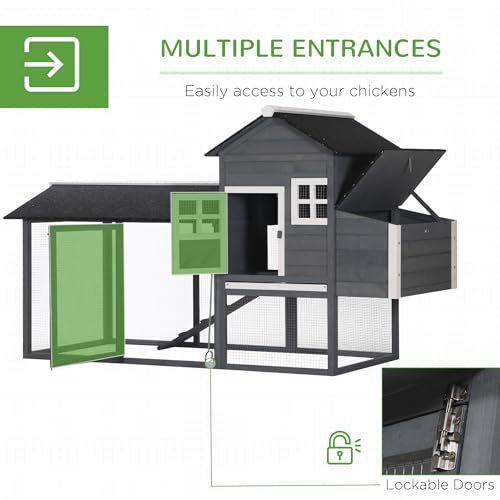 PawHut 84" Wooden Chicken Coop, Hen House Outdoor with Run Nesting Box, Asphalt Roof, Removable Tray, Ramp, Poultry Cage for 2-3 Chickens, Gray - Image 5