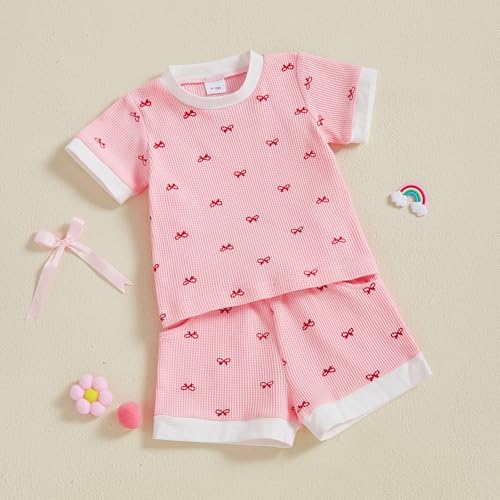 Baby Girl Summer Clothes Waffle Shorts Outfit Solid Color T Shirt Tees Tops Ruffles Shorts Set Infant Summer Outfit2