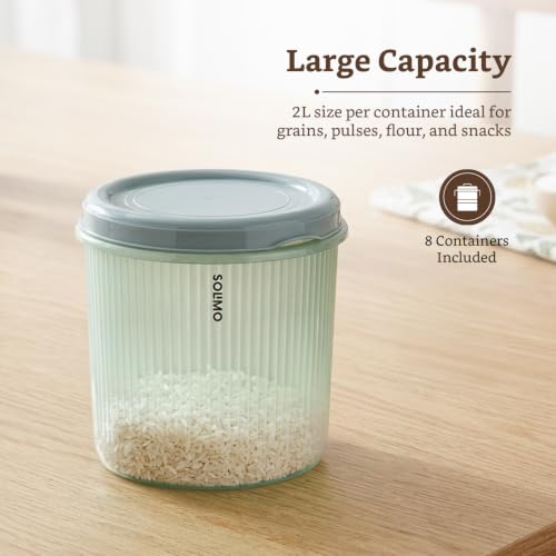 Image of Amazon Brand - Solimo Storewell Linea Plastic Storage Containers Set of 8 (1.9L Each) | BPA-Free, Stackable & Transparent Ribbed Kitchen Storage Jars, Coral Green