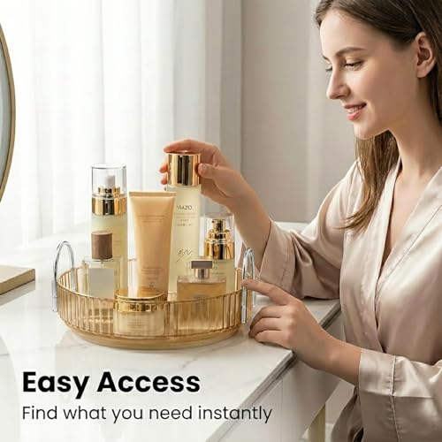 Image of JD FRESH 360 Degree Rotating Makeup Organizer 1 Layer Cosmetic Storage Box Vanity Stand with Drawers for Lipsticks Skincare Perfume Bathroom Countertop Dressing Table Organizer (Light Gold)