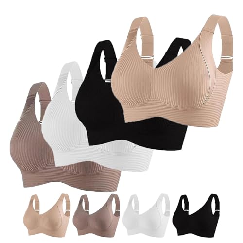 Women's Solid Color Four Rows Adjustable Wireless Bra, Soft and Comfortable Seamless Breathable Anti-Sagging Bra