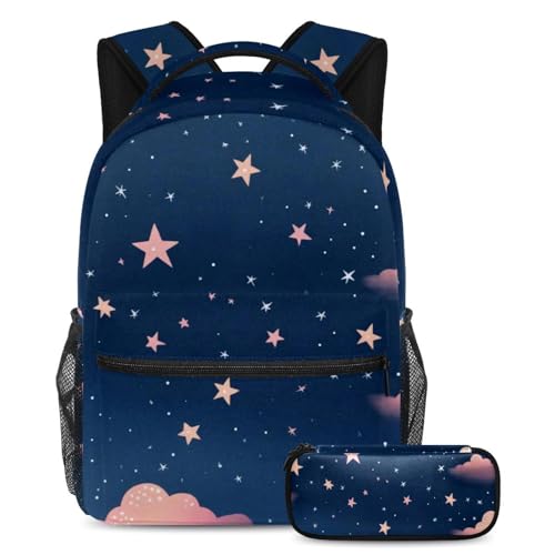 Sac à dos ciel étoilé rose avec trousse pour étudiants | Grand format 40cm multicolore
