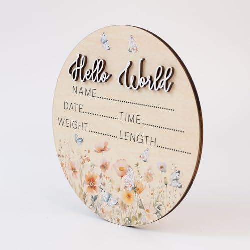 Image of Hello World Wooden Baby Birth Announcement Sign - Floral Butterfly Name Plaque with 3D Lettering - Baby Stats Board for Newborn Photo Prop or Nursery Decor