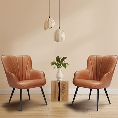 Primezone Faux Leather Living Room Chair - Mid Century Modern Accent Chair Upholstered Sofa Chairs With Metal Legs, Wingback Armchair For Bedroom,Office, Diding Room, Office, Brown #TOP1