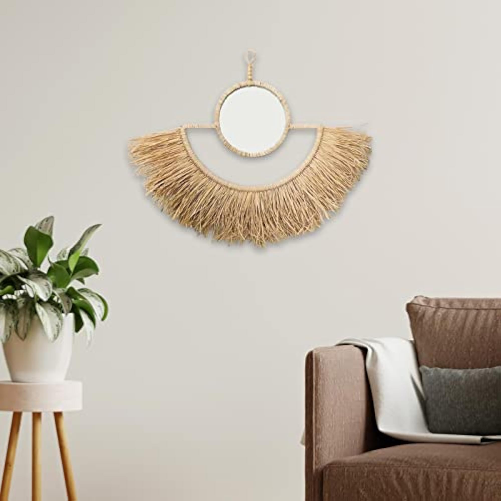 Handcrafted Straw Fan Wall Mount, Decorative Mirror Shape