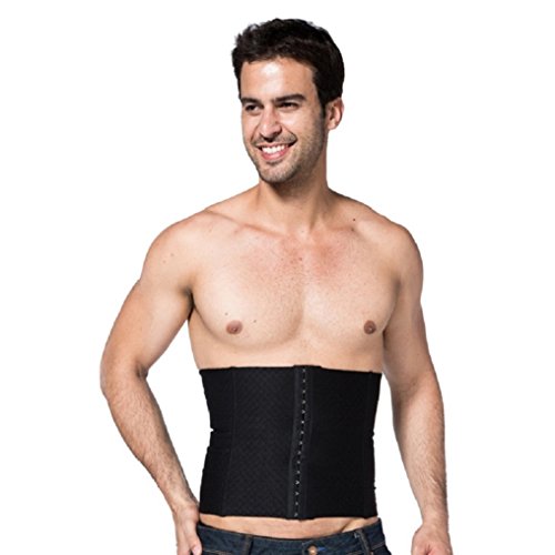 Stworld Mens Boned Waist Abs Abdomen Waist Cincher Bodysuit with Three Rows Hook Eye Closure Black