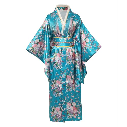 BPURB Bata kimono tradicional japonesa para mujer, vestido de geisha yukata, bata de baño de satén con flores