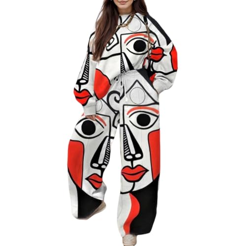 Womens Abstract Graphic Floral Print Two Piece Outfit Loose Crewneck Sweatshirt and Casual Pants Chic Streetwear Sets - Main Image