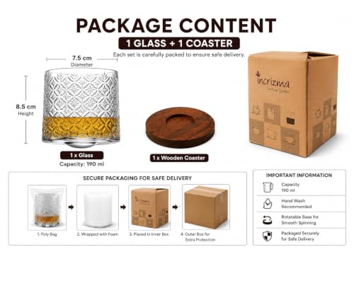Image of Spinny Whiskey Glasses Set | Rotatable Heavy Base Tumbler Glass Cups, Glasses with Coasters | Perfect for Scotch, Bourbon, Juice, Water, Cocktails (190 ml - 1 Pc Glass Design E with Coaster)