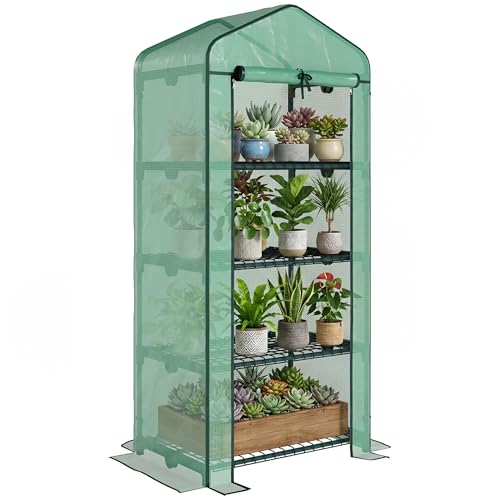 Outsunny Serre de Jardin PE avec étagères 4 Niveaux, Serre de Balcon, bâche renforcée 140 /m², châssis en Acier, Porte zippée Enroulable, pour légumes...