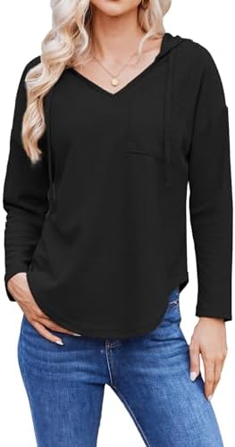 Womens Hoodies Long Sleeve Sweatshirts Pullover Top V Neck Drawstring Shirts With Pocket Loose Casual